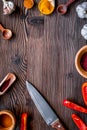 cooking tools in restoraunt concept on wooden background top view mock up Royalty Free Stock Photo