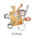 Cooking tools set illustration. Hand drawn watercolor on white background. Royalty Free Stock Photo