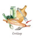 Cooking tools set illustration. Hand drawn watercolor on white background. Royalty Free Stock Photo