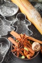 Cooking traditional biscuits and gingerbread. Christmas. New year. Cutting the cookies and the spices on the table