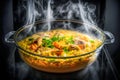 Pilaf with pieces of meat and spices in a glass cauldron with steam in oven