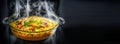 Food banner with pilaf with pieces of meat and spices in a glass cauldron with steam in oven