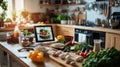 Cooking tutorial with fresh ingredients in a cozy home kitchen setup featuring a digital tablet and warm atmosphere Royalty Free Stock Photo