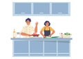 Cooking TV show. Man and woman preparing dish in kitchen, flat vector illustration