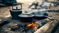 Cooking utensils on a campfire grill with smoke rising in a rustic outdoor setting concept Royalty Free Stock Photo