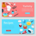 Cooking utensils and food banners set vector illustration. Pots, pans, cookers hat, baking utensils with cutlery and