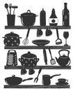 Cooking utensils on kitchen shelves