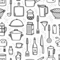 Cooking utensils and kitchen tools seamless doodle background on white. Royalty Free Stock Photo