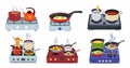 Cooking utensils on stoves. Food cooking on kitchen electric hob, pans and pots on gas stove cartoon vector set Royalty Free Stock Photo