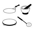 Cooking Utensils Vector Set - Griddle, Mortar, Rolling Board, Mesh Skimmer