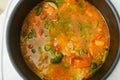 Cooking vegetable risotto in a saucepan. View from above Royalty Free Stock Photo