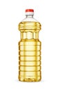 Cooking vegetable sunflower oil in a clear plastic bottle with a screw-on cap isolated on white