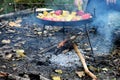 Cooking vegetables on the fire in the forest in autumn Royalty Free Stock Photo