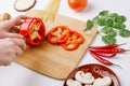 Cooking vegetables, healthy cooking. The process of slicing bell peppers. Mushrooms mushrooms, spinach leaves, chili