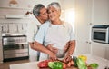 Cooking vegetables, hug and elderly couple with kitchen ingredients, prepare food or smile on romantic home date