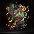 Cooking vegetables and meat on the grill. Good image quality. AI generated