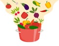 Cooking vegetables in saucepan vector illustration. Fresh vegetables tomato, cucumber, paprika, chilli, radish, eggplant