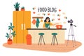 Cooking video blog. Women vlog or show with culinary tutorial, food blogger video recording in kitchen interior, camera