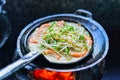 Cooking Vietnamese traditional seafood pancake