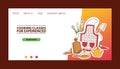 Cooking website template vector illustration. Cooking classes for experienced. Kitchenware and tableware, apron, wooden