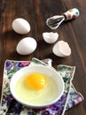 Cooking, whisk with eggs in a bowl and egg shells