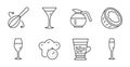 Cooking whisk, Frappe and Cooking timer icons set. Wineglass, Champagne glass and Martini glass signs. Vector