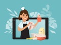 Cooking by woman blogger, onlain video broadcast over Internet by social channel by chef, flat design vector Royalty Free Stock Photo