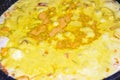 Cooking yellow curry in saucepan skillet many spices spicy chicken