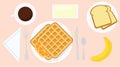 Vector Illustration of a Breakfast with Coffee, Waffles, Toasts, Butter and a Banana