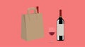 Vector Isolated Illustration of a Paper Bag, a Bottle of Wine and a Cup of Wine Royalty Free Stock Photo