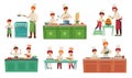 Cooks childrens. Kids baking or cooking food, chief children classes and cook with child vector illustration set Royalty Free Stock Photo