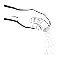 Cooks hand holds a salt shaker or pepper shaker and pours out the flavor. Cooking in the kitchen. Isolated vector on white