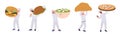 Cooks master chef cartoon character wearing uniform holding giant fast food and restaurant dish set