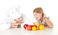 Cooks team with fruits and vegetables, Royalty Free Stock Photo
