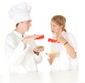 Cooks team with plastic boxes Royalty Free Stock Photo