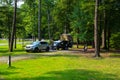 Cooksburg PA - September 17, 2022: Small teardrop travel trailer at a campground