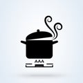 Cookware on gas stove. Pans with boiling water, opened and closed pan lid on gas stove, fire and steam, vector illustration