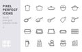 Cookware line icon set. Kitchen equipment cooker pan pot, frying griddle, lid, knife grater minimal vector illustration