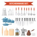 Cookware set icons, flat style. Kitchen utensils set isolated on white background. Cooking tools and kitchenware Royalty Free Stock Photo