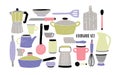 Cookware set on white background. Stylized hand drawn doodle dishes. Pastel colors vector illustration. Royalty Free Stock Photo