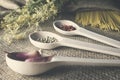 Cookware with spice for spaghetti: pepper, garlic, bay leaf, dill on the table