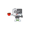 Cool action camera cartoon character with a cup of coffee Royalty Free Stock Photo