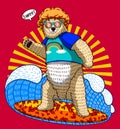 Cool afro hair cartoon hipster surfer bear character on surfboard illustration wall art t shirt graphic design