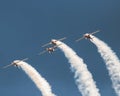 Cool airplane show with planes flying and white smoke in the blue sky