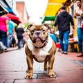 A Cool American Bully with a curious expression exploring a vibrant streets