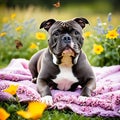 A modern American Bully curled up on a soft blanket in a flower-filled meadow, surrounded by twittering birds and butterflies Royalty Free Stock Photo