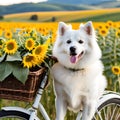 Cool American Eskimo Dog perched on a vintage bicycle basket Royalty Free Stock Photo