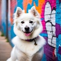 Cool American Eskimo Dog posing in front of a graffiti covered wall Royalty Free Stock Photo