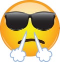 Cool angry emoji face. Yellow face wearing sunglasses with a frowning mouth steam coming out of its nose as a sign of frustration