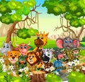 Cool Animals In Forest With Grass Field, Trees, And Rock Hill Cartoon